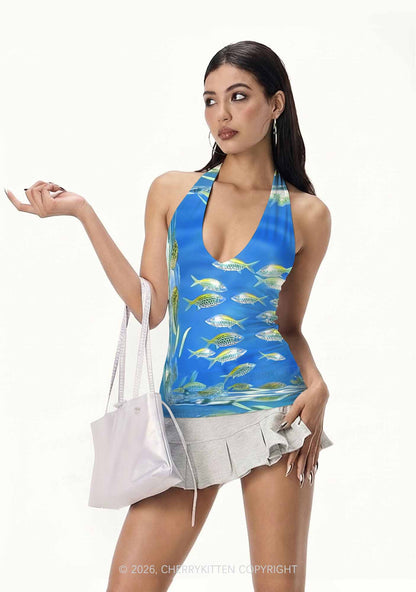 Undersea Fish Y2K Print Halter Deep V Neck Cami Cherrykitten