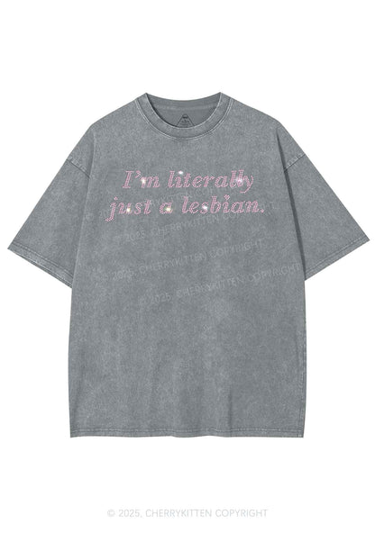 Rhinestone Literally Just A Lesbian Pride Y2K Shirts Washed Tee Cherrykitten