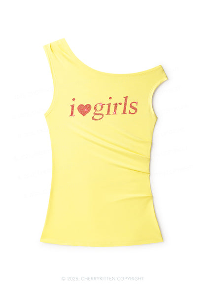 Rhinestone I Love Girls Y2K Off Shoulder Tank Top Cherrykitten