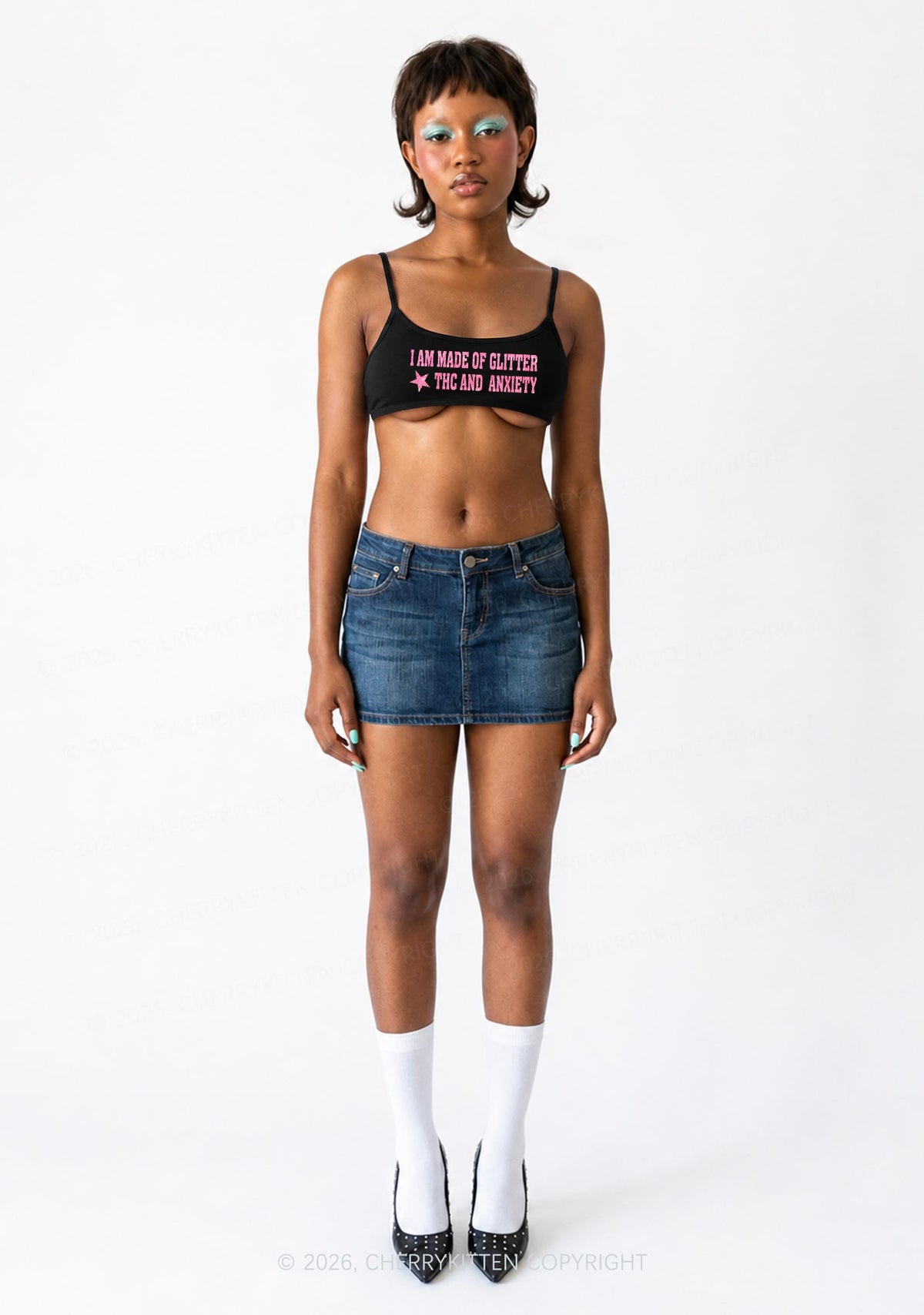 Made Of Glitter Thc Anxiety Y2K Super Crop Cami Cherrykitten