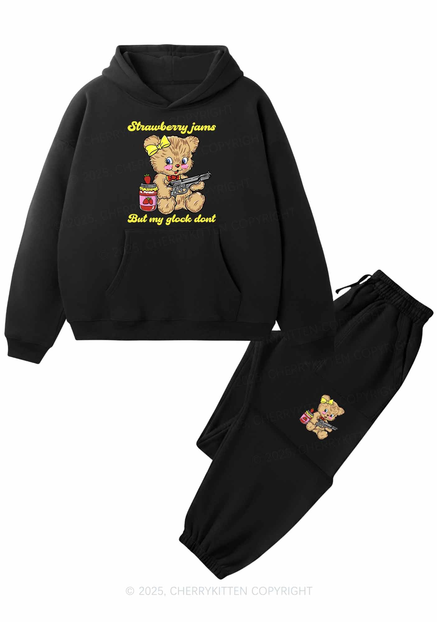 Strawberry Jams Bear Y2K Fleece Hoodie Set Cherrykitten