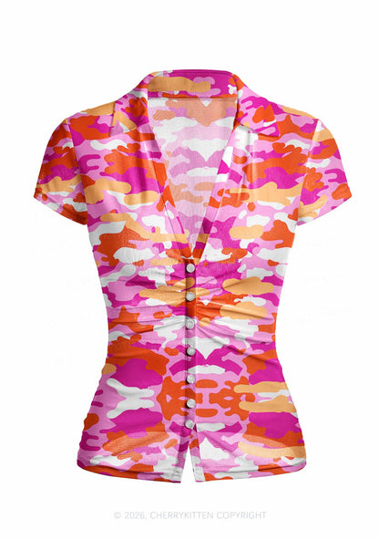 Lesbian Camouflage Pride Y2K Mesh Ruched  Waist  V Neck Top Cherrykitten
