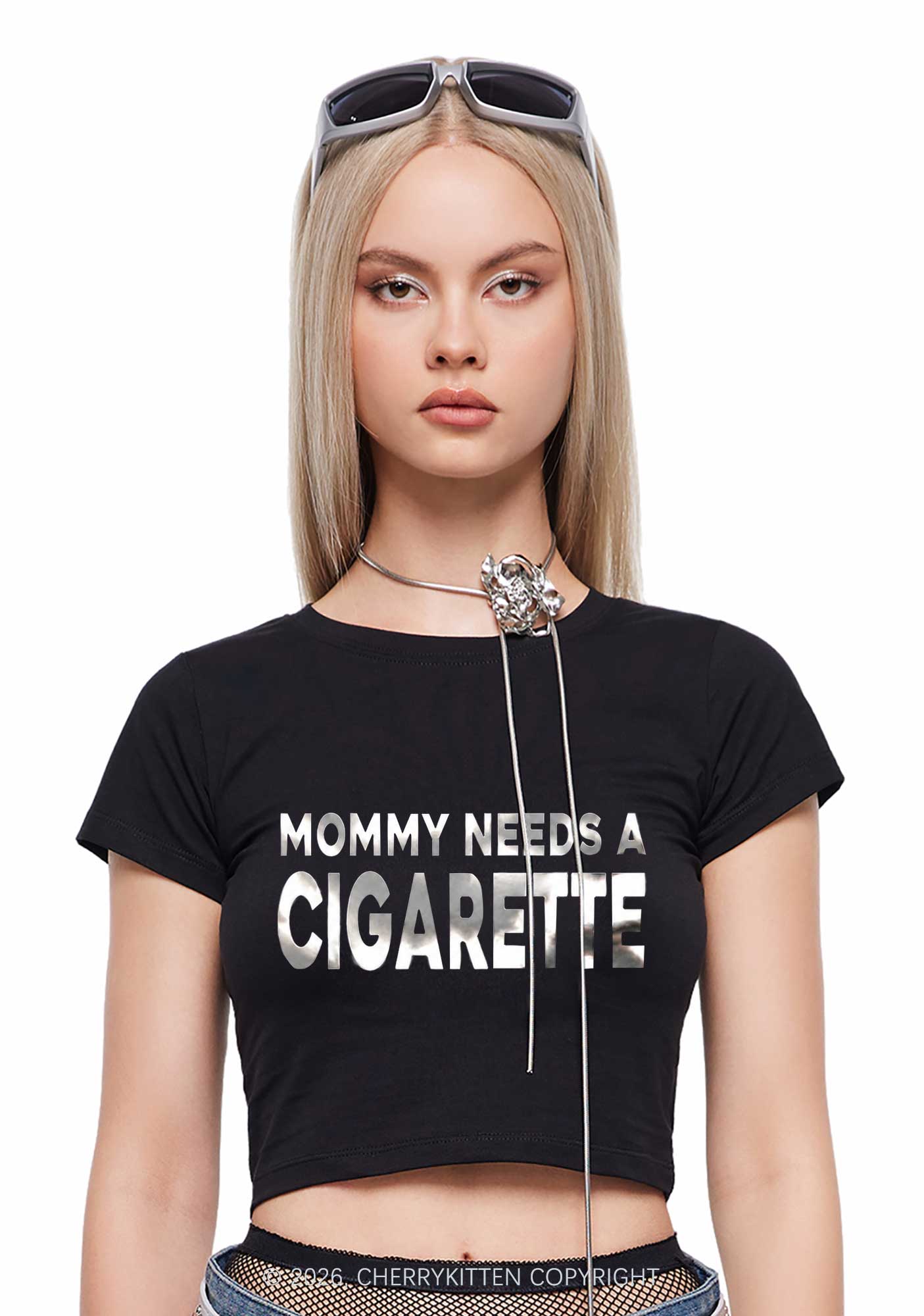 Mommy Needs A Cigarette Silver Foil Printed Y2K Baby Tee Cherrykitten