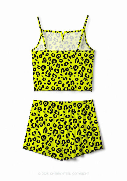 Neon Leopard Y2K Print Cami Shorts Pajama Set Cherrykitten
