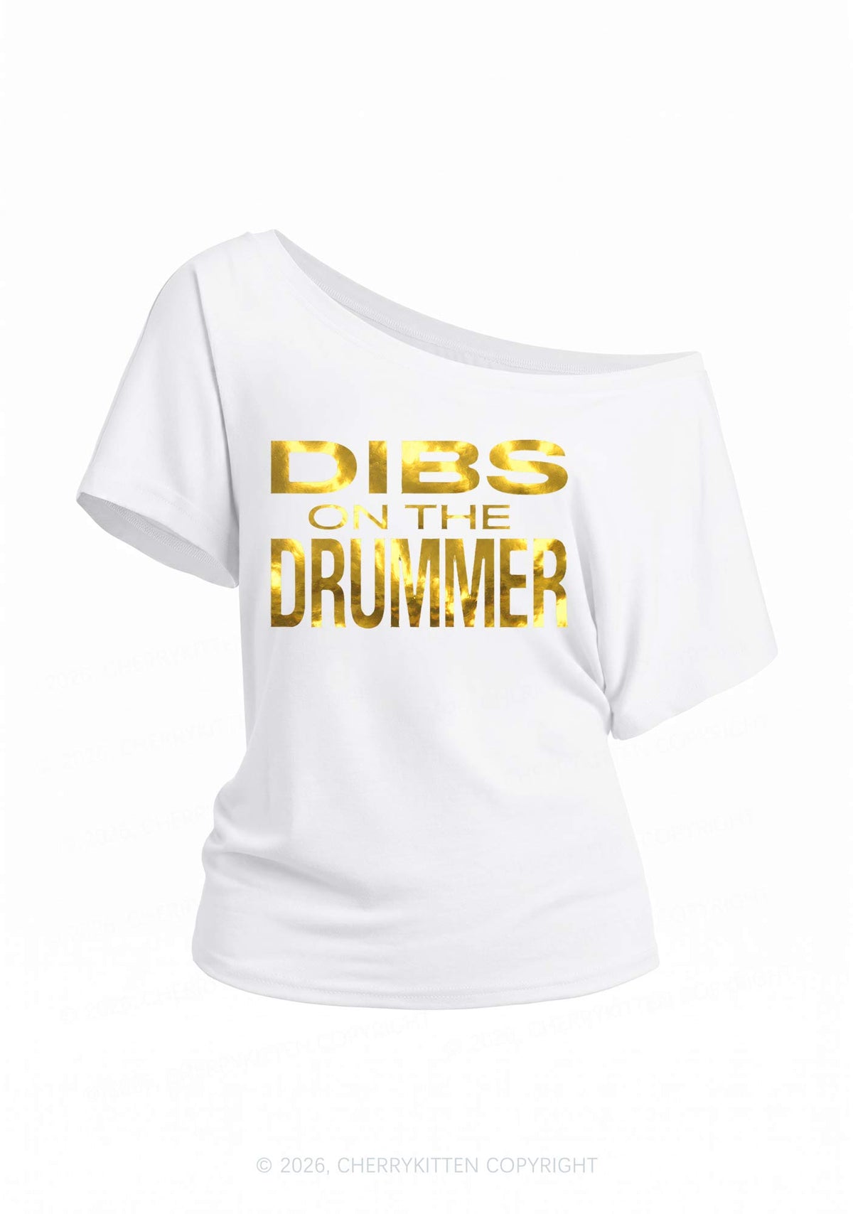 Dibs On The Drummer Silver Foil Printed Y2K Off Shoulder Tee Cherrykitten