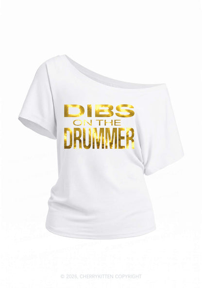 Dibs On The Drummer Silver Foil Printed Y2K Off Shoulder Tee Cherrykitten