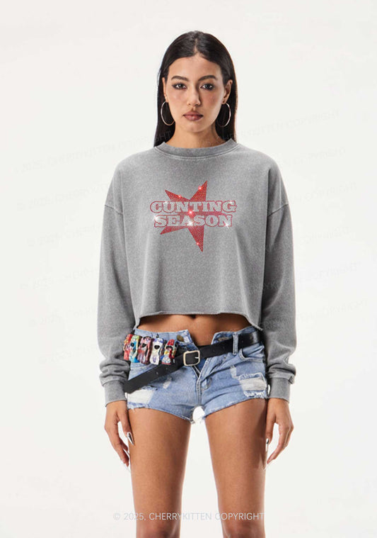 Rhinestone Cunting Season Y2K Crop Washed Sweatshirts Cherrykitten