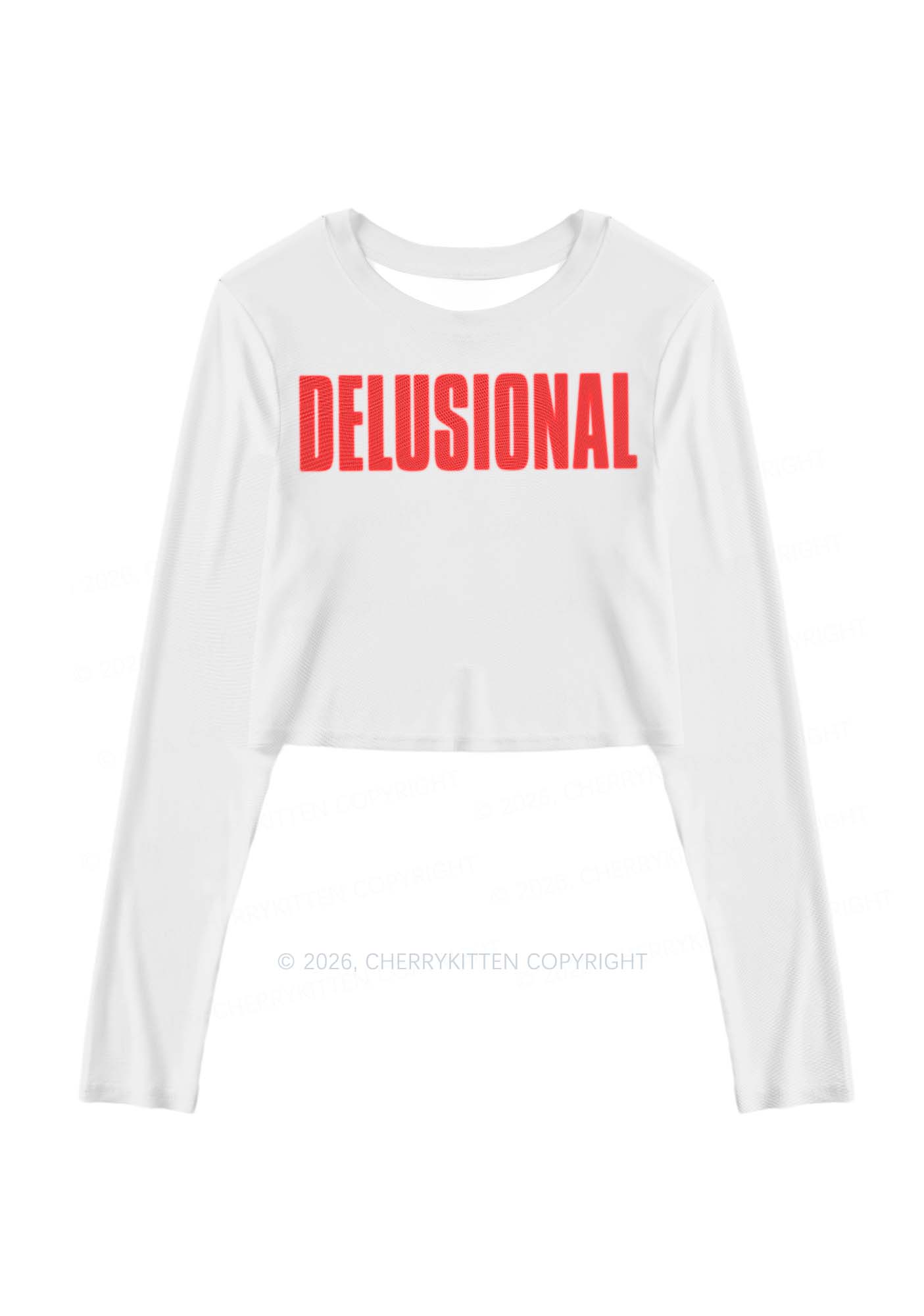 Delusional On White Y2K Mesh Long Sleeve Crop Top Cherrykitten