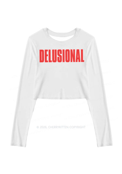 Delusional On White Y2K Mesh Long Sleeve Crop Top Cherrykitten