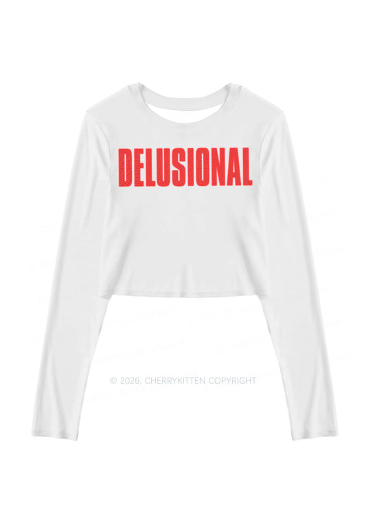 Delusional On White Y2K Mesh Long Sleeve Crop Top Cherrykitten