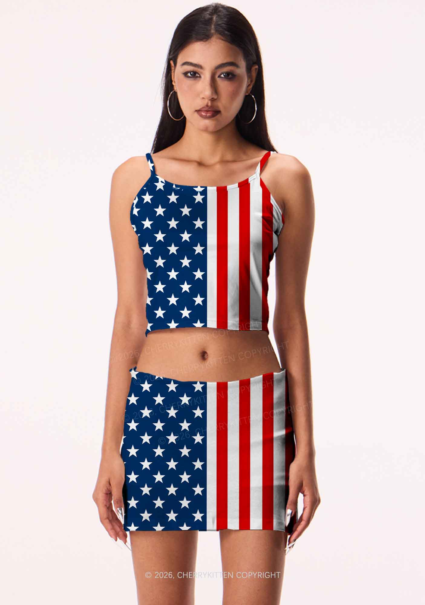 Navy Star Red White Stripe Y2K Print Cami Crop Top Cherrykitten
