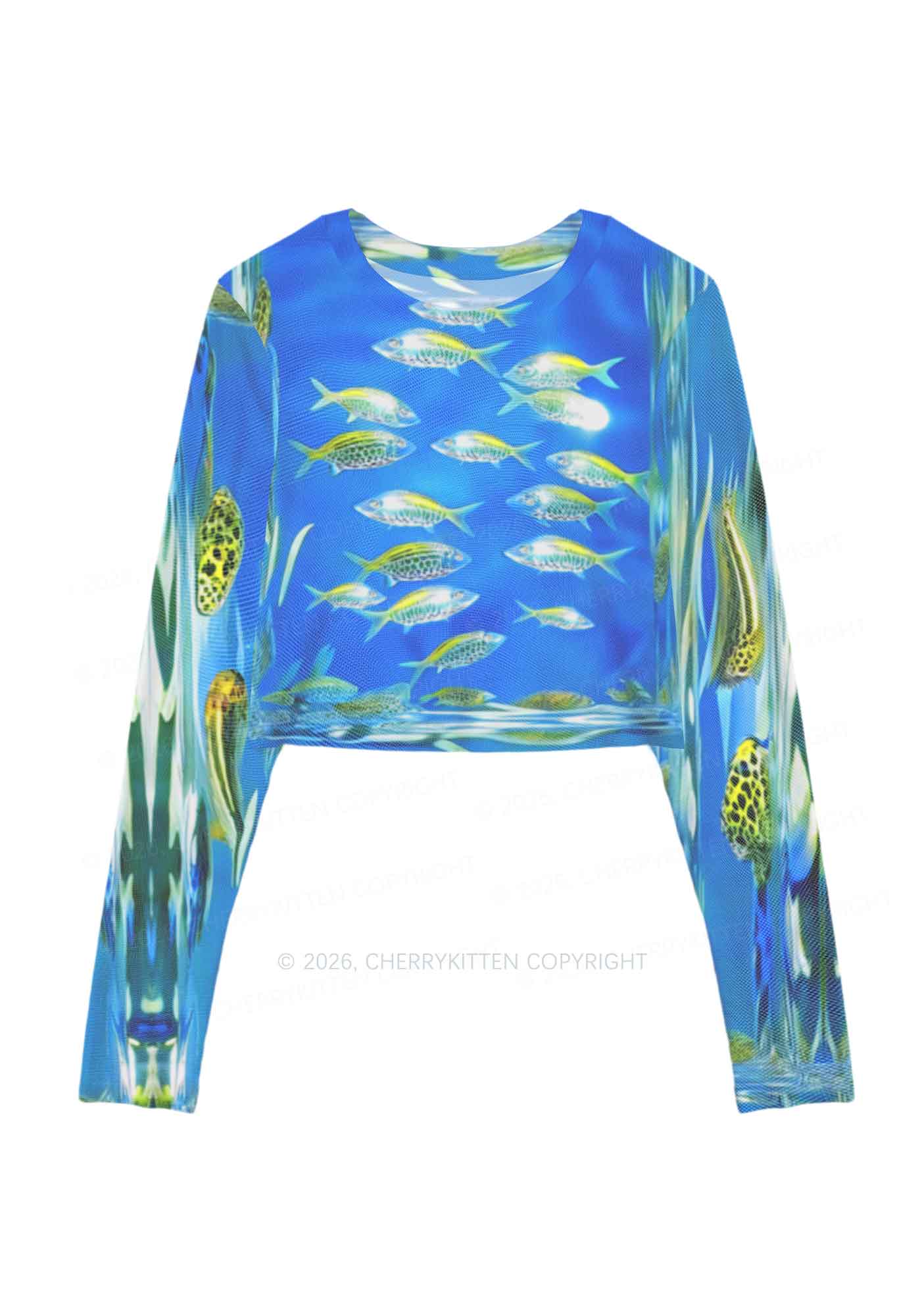 Undersea Fish Y2K Mesh Long Sleeve Crop Top Cherrykitten