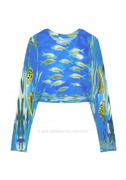 Undersea Fish Y2K Mesh Long Sleeve Crop Top Cherrykitten