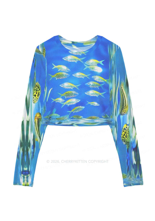 Undersea Fish Y2K Mesh Long Sleeve Crop Top Cherrykitten