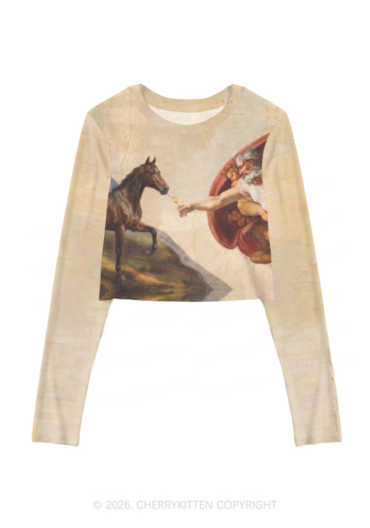 God Smoking Horse Y2K Mesh Long Sleeve Crop Top Cherrykitten