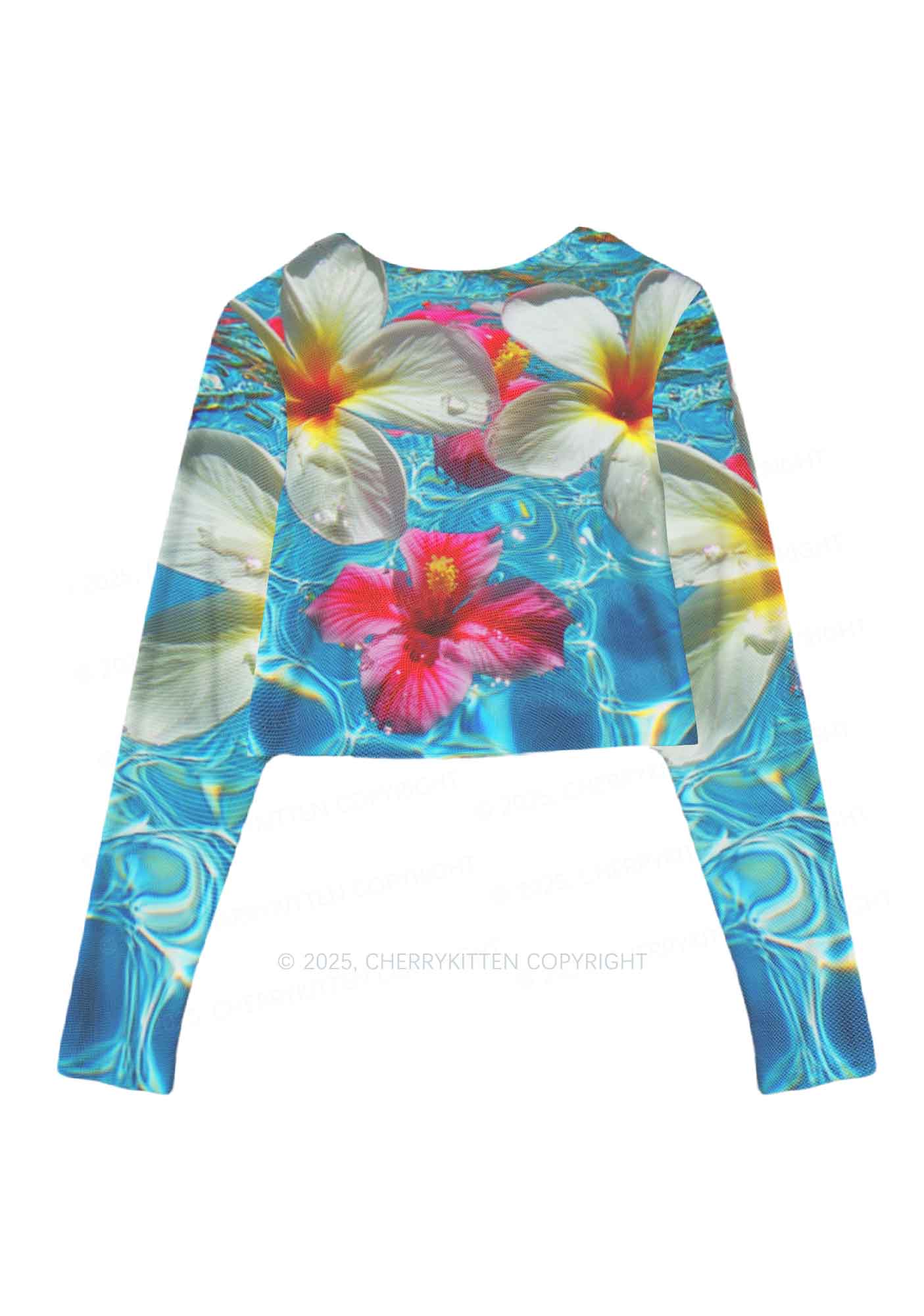 Blooming Floral Y2K Mesh Long Sleeve Crop Top Cherrykitten
