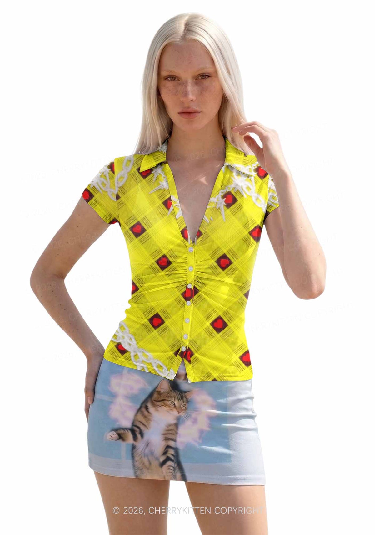 Star Chain and Hearts Y2K Mesh Ruched  Waist  V Neck Top Cherrykitten