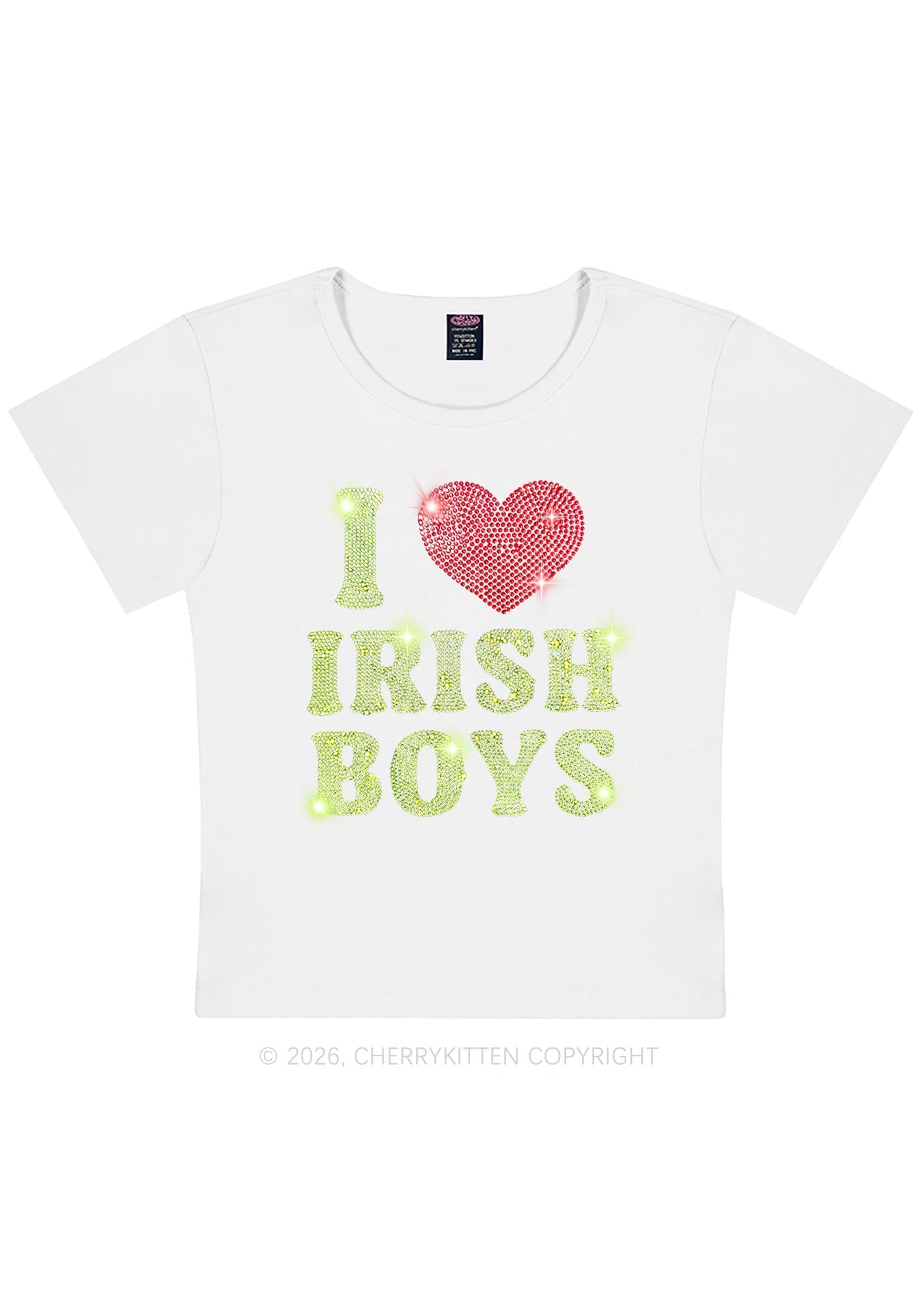 Rhinestone I Love Irish Boys St Patricks Y2K Baby Tee Cherrykitten