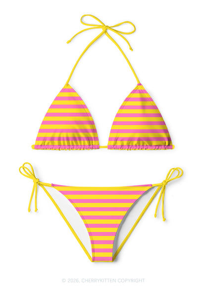 Pink And Yellow Stripes Y2K Print Bikini Set Cherrykitten