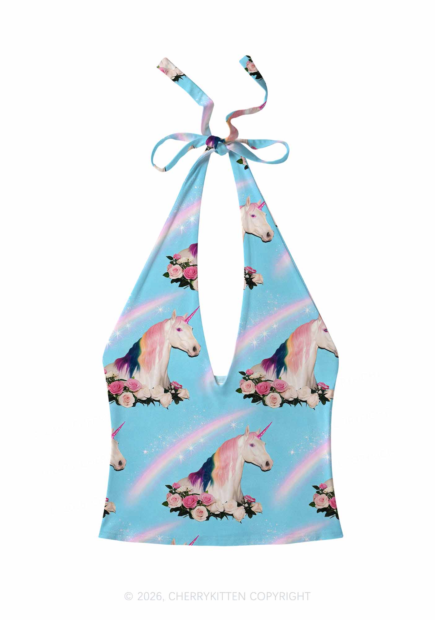 Blue Unicorn Y2K Print Halter Deep V Neck Cami Cherrykitten