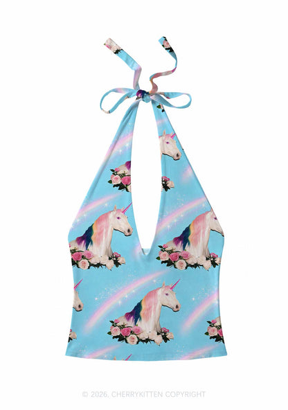 Blue Unicorn Y2K Print Halter Deep V Neck Cami Cherrykitten