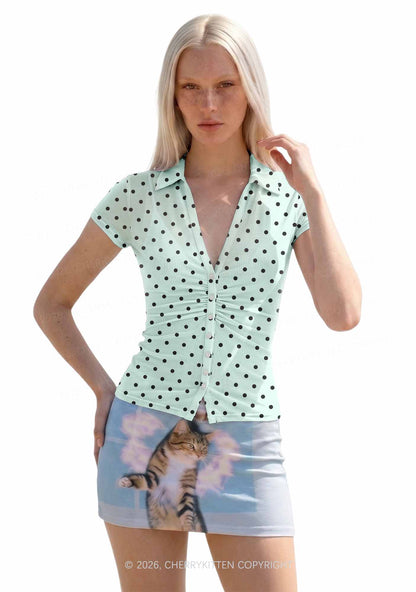 Black Dots On Mint Green Y2K Mesh Ruched  Waist  V Neck Top Cherrykitten
