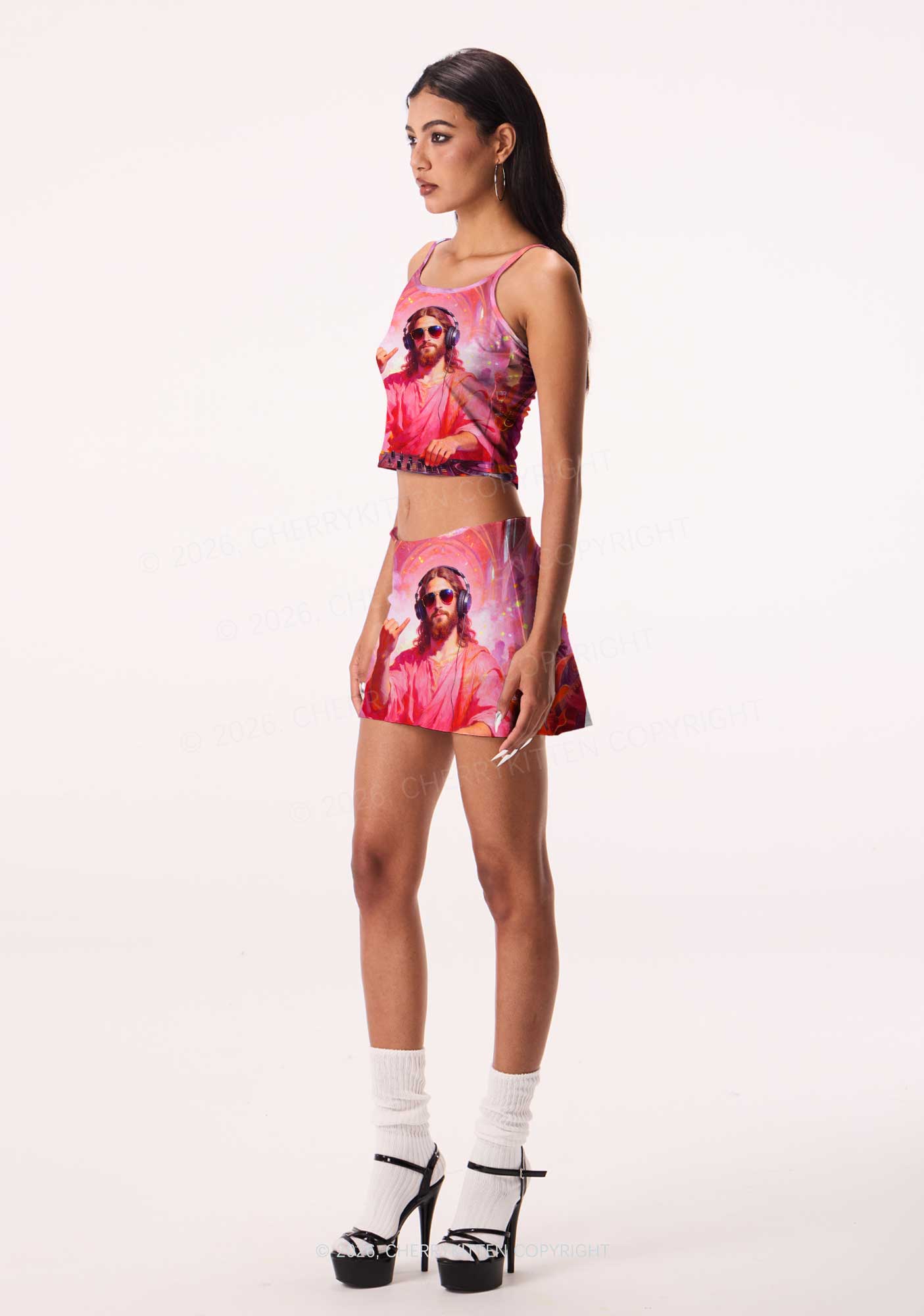 Disco Jesus DJ Y2K Print Cami Crop Top Cherrykitten