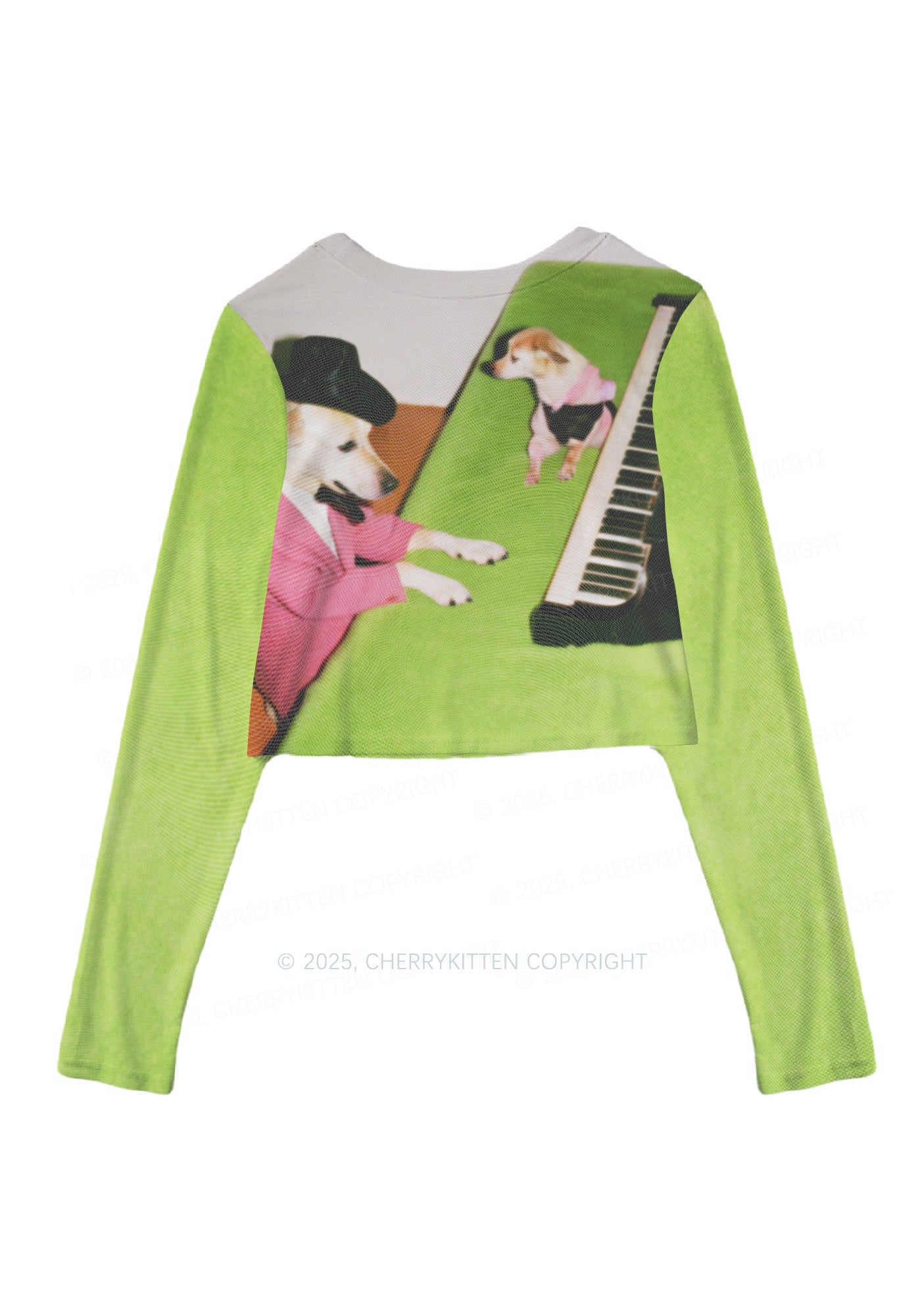 Piano Pups Y2K Mesh Long Sleeve Crop Top Cherrykitten