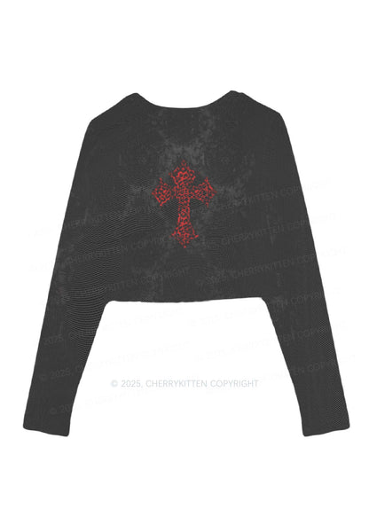 Dark Leopard Cross Y2K Mesh Long Sleeve Crop Top Cherrykitten