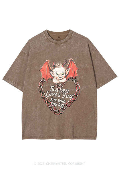 Satan Loves You Y2K Shirts Washed Tee Cherrykitten