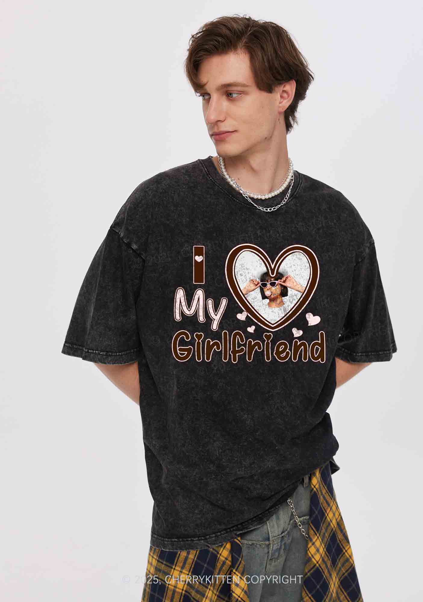 Custom BF GF Brown Heart Y2K Valentine's Day Washed Tee Cherrykitten