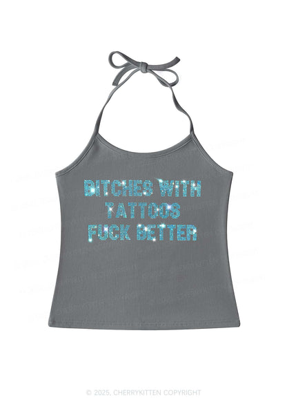 Rhinestone Bxxches With Tattoos Fxxk Better Y2K Halter Neck Cami Cherrykitten