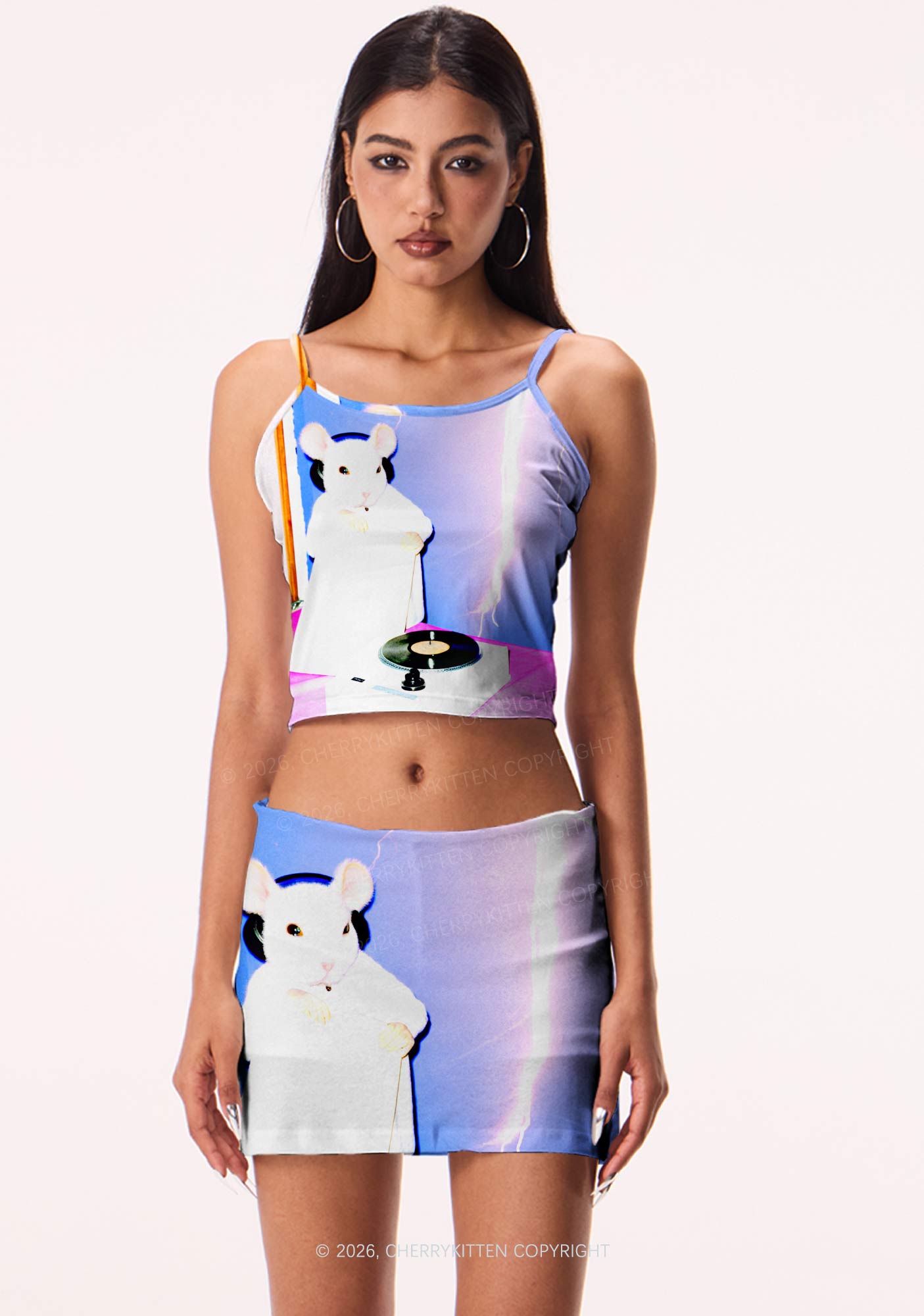 Neon Lightning DJ Rat Y2K Print Cami Crop Top Cherrykitten