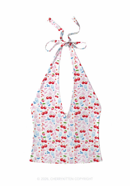 White Cherry Pie Y2K Print Halter Deep V Neck Cami Cherrykitten