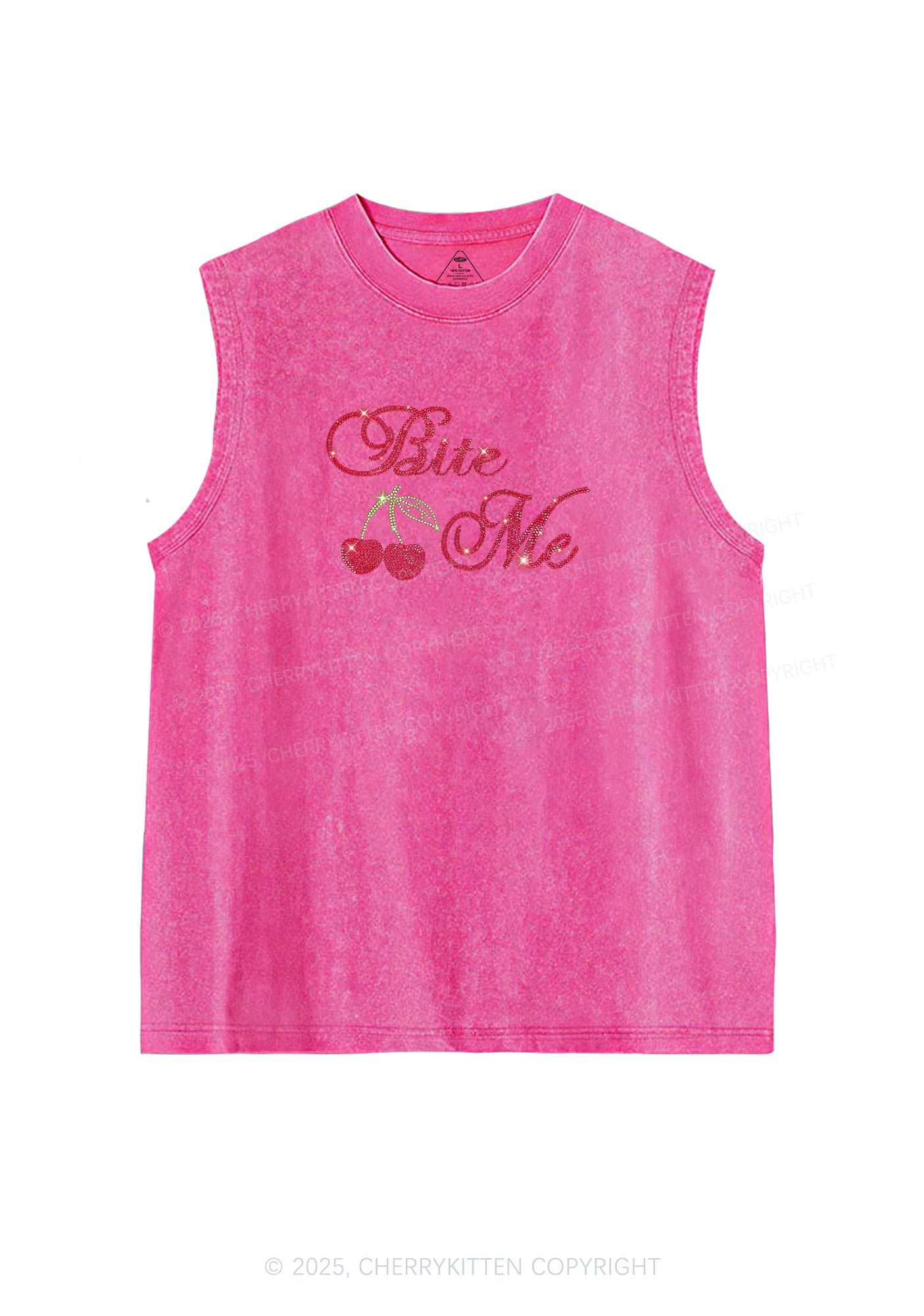 Rhinestone Red Cherry Bite Me Y2K Washed Muscle Tank Cherrykitten