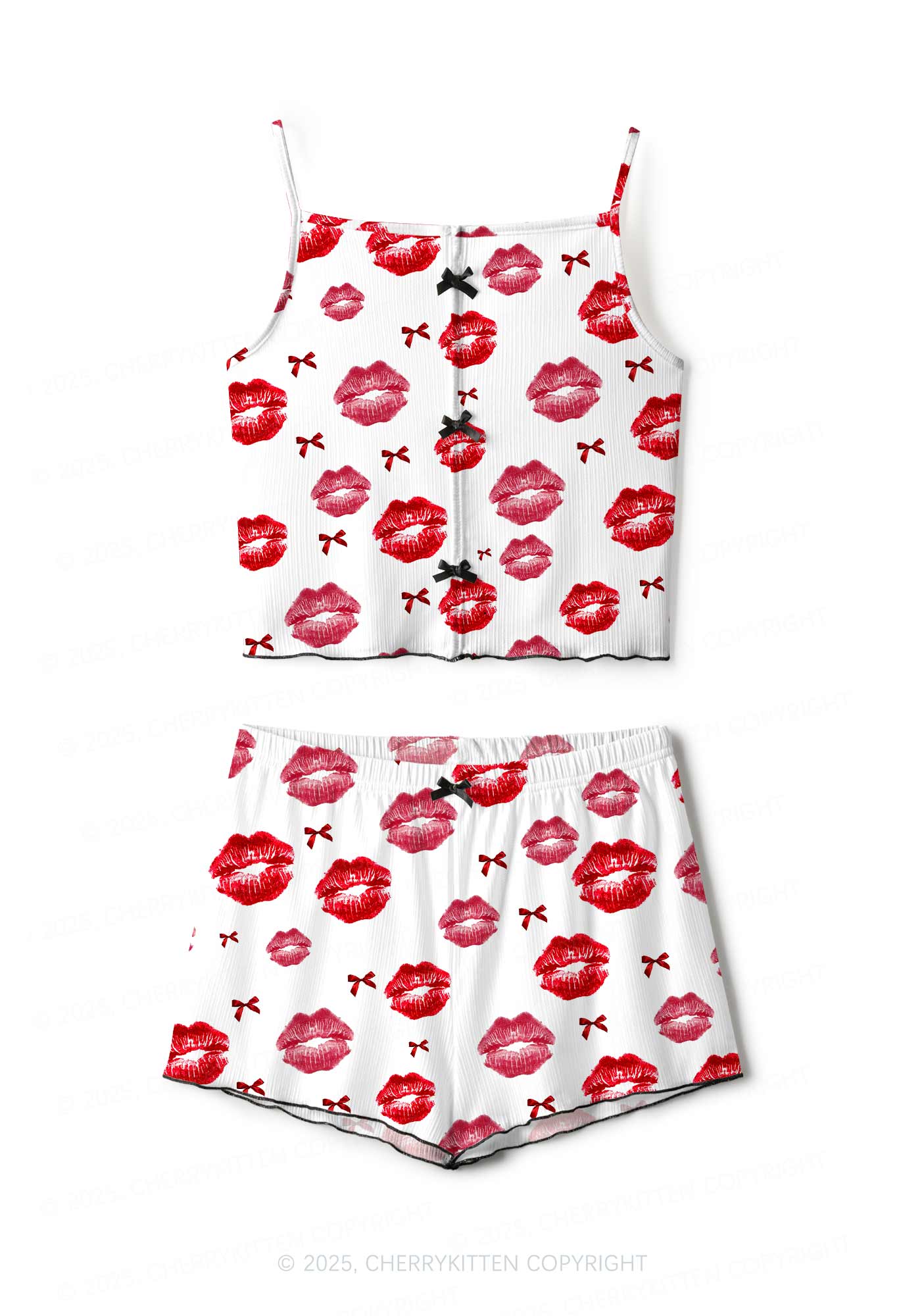 Red Lips Bows Y2K Print Cami Shorts Pajama Set Cherrykitten