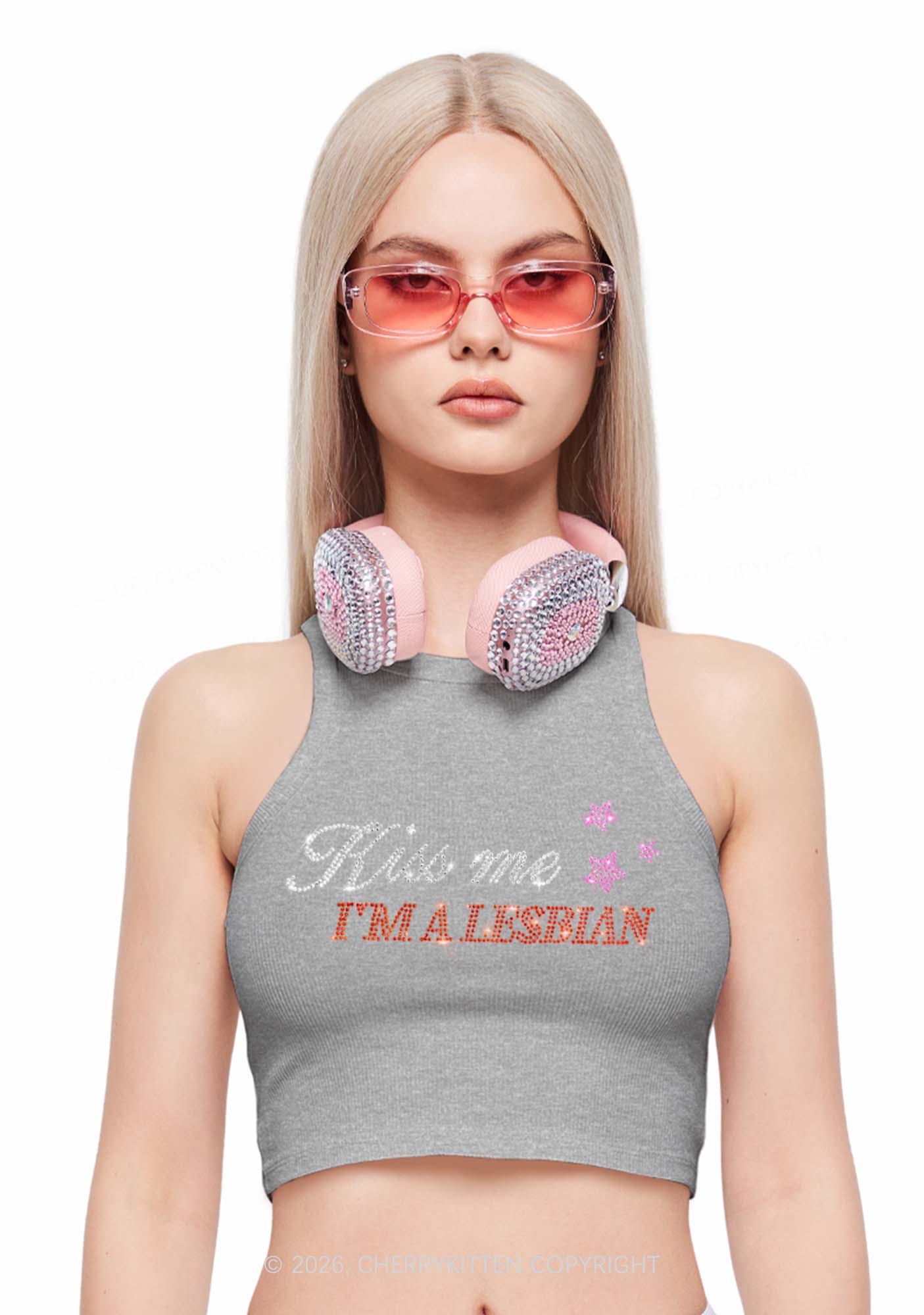Rhinestone Kiss Me Im A Lesbian Pride Y2K Crop Tank Top Cherrykitten