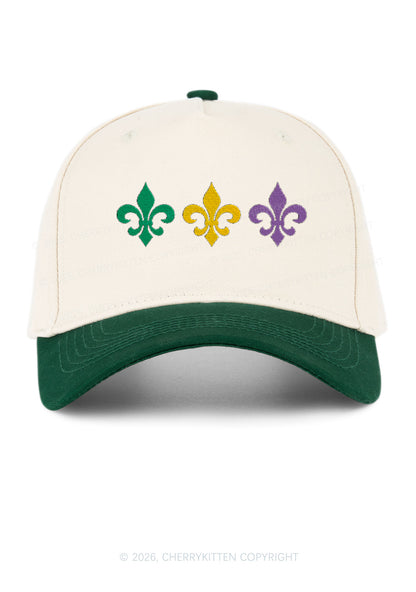 Embroidered Mardi Gras Fleur De Lis Trio Y2K Color Block Baseball Cap Cherrykitten