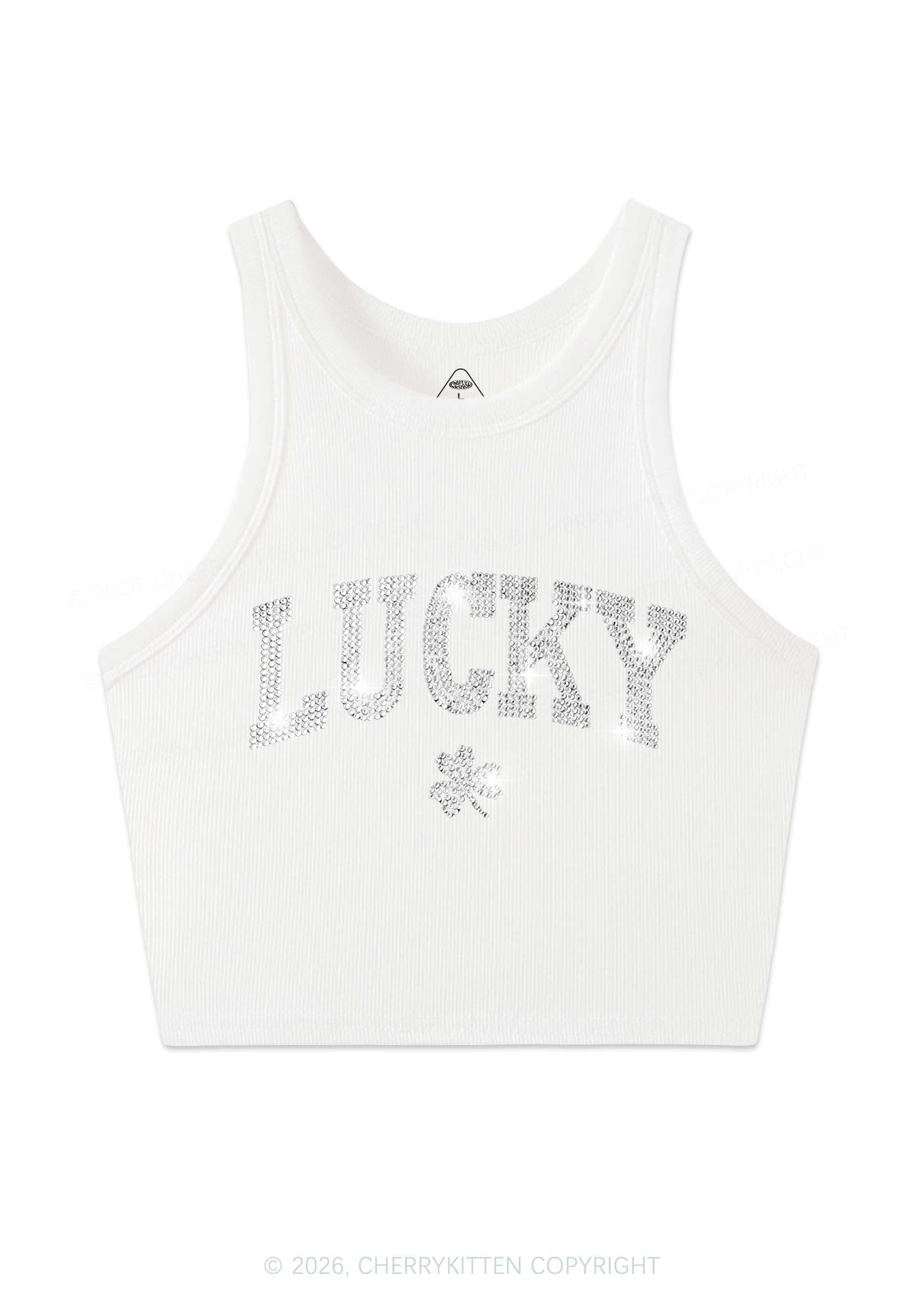 Rhinestone Lucky Shamrock St Patricks Y2K Crop Tank Top Cherrykitten