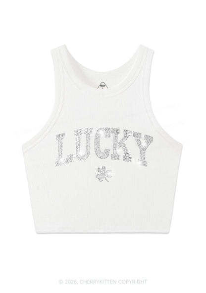 Rhinestone Lucky Shamrock St Patricks Y2K Crop Tank Top Cherrykitten