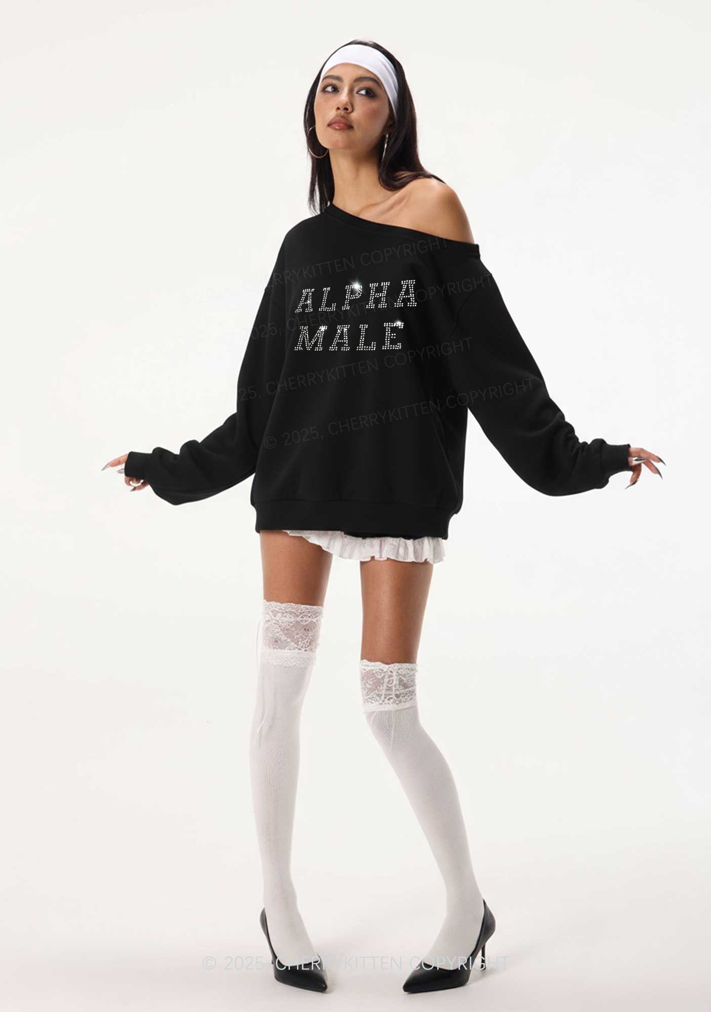 Rhinestone Alpha Male Y2K Off Shoulder Sweatshirts Cherrykitten