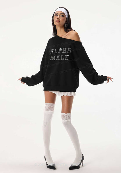 Rhinestone Alpha Male Y2K Off Shoulder Sweatshirts Cherrykitten