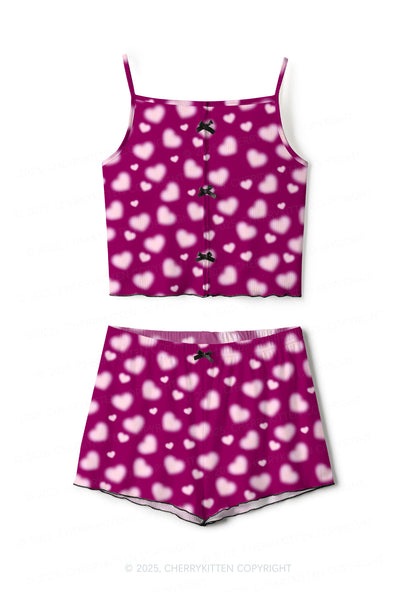 Pink Blurred Heart Valentine's Day Y2K Print Cami Shorts Pajama Set Cherrykitten