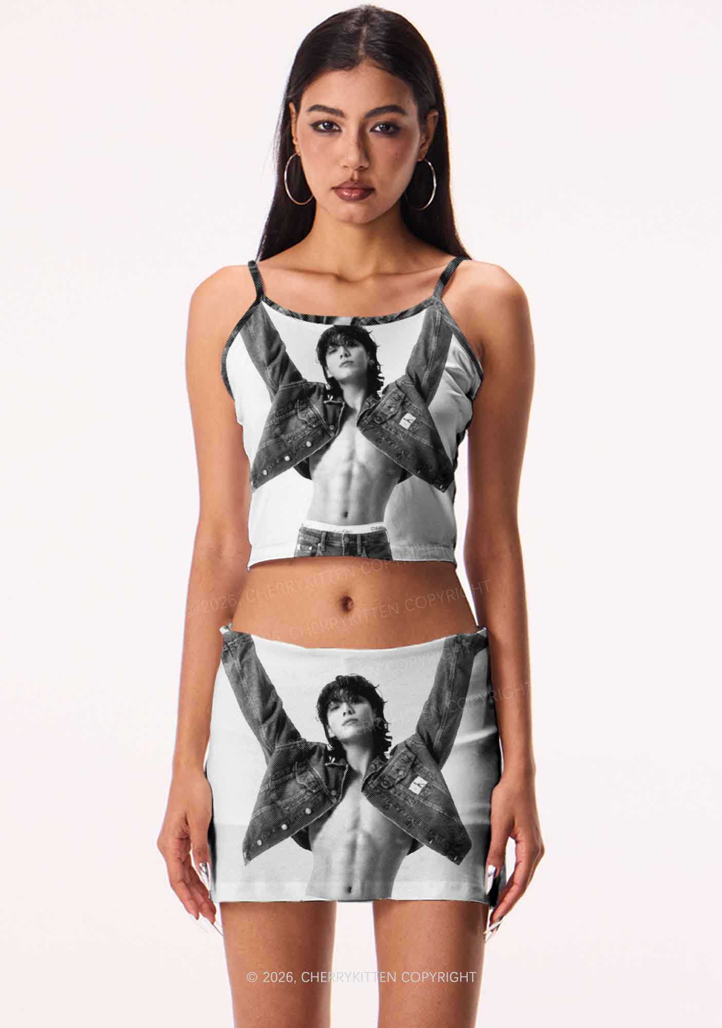 Denim Jacket Kpop Boy Portrait Y2K Print Mini Skirt Cherrykitten