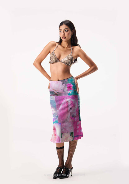 Pink Unicorn Collage Art Y2K Print Midi Skirt Cherrykitten