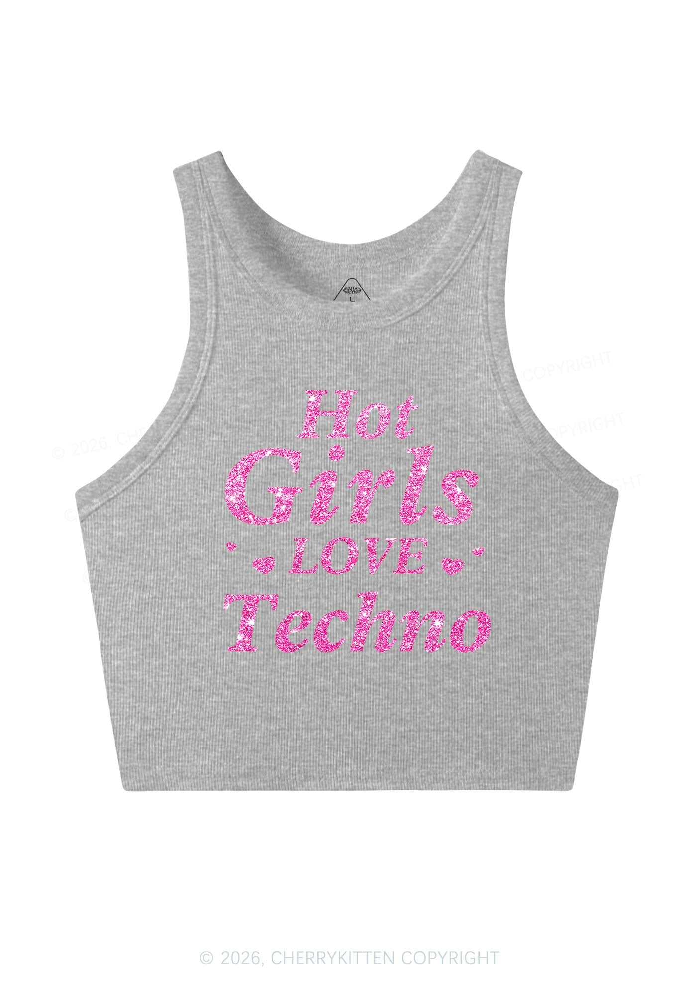 Glitter Hot Girls Love Techno Y2K Crop Tank Top Cherrykitten