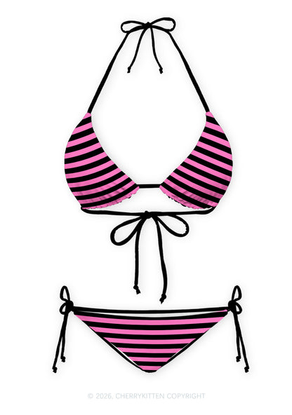 Pink And Black Stripes Y2K Print Bikini Set Cherrykitten