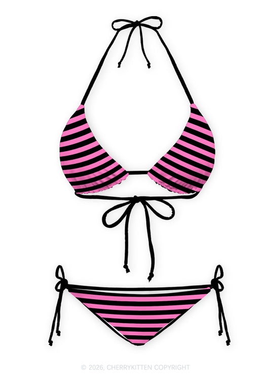 Pink And Black Stripes Y2K Print Bikini Set Cherrykitten