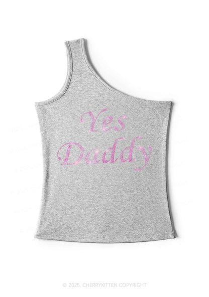 Rhinestone Yes Daddy Y2K One Shoulder Tank Top Cherrykitten