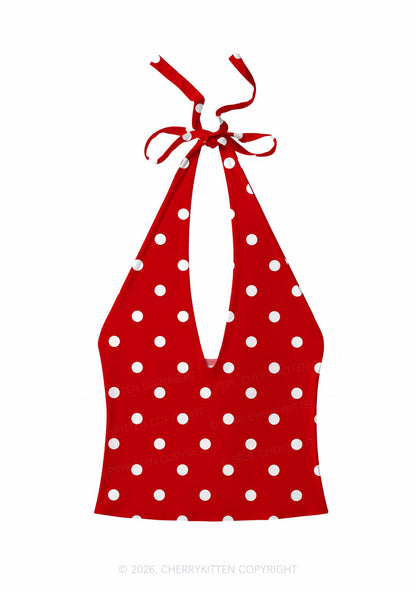 Classic Red Dots Y2K Print Halter Deep V Neck Cami Cherrykitten